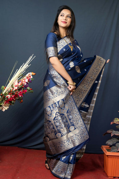 Jyoti Fashion Women's Navy Blue Paithani Silk Zari Woven Saree with Blouse