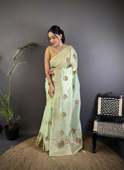 Joban Fashion Light Green Handloom Banarasi Organza Silk Khatali Butta Work Saree