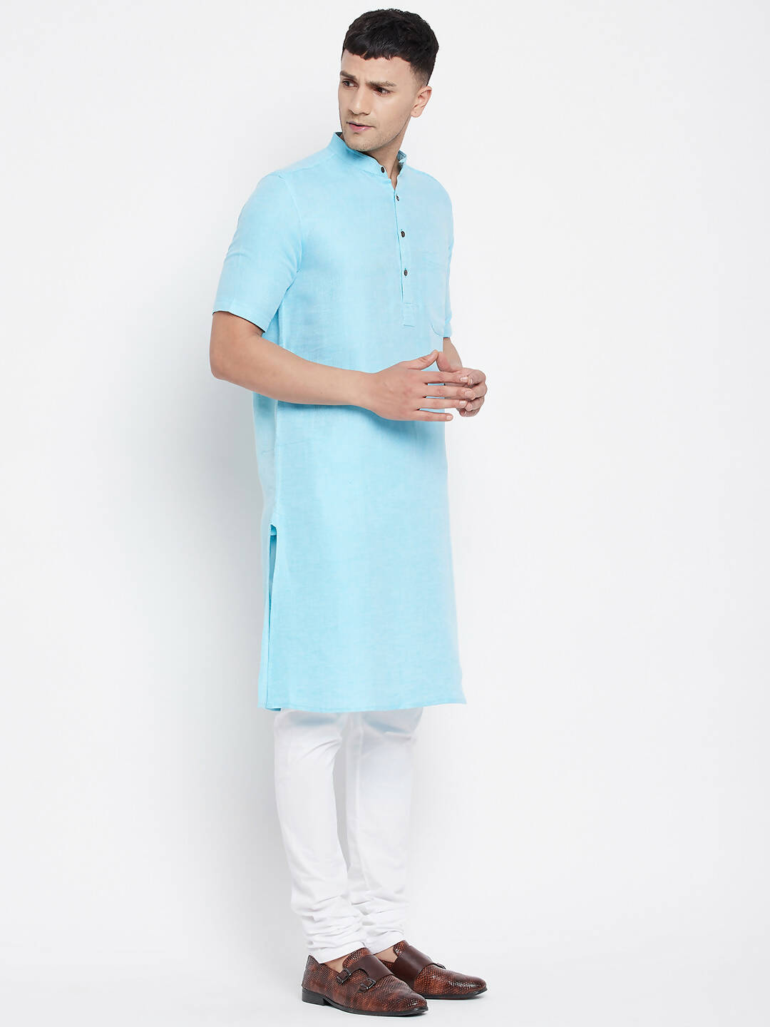 Even Apparels Blue Color Pure Cotton Men's H/S Kurta With Band Collar