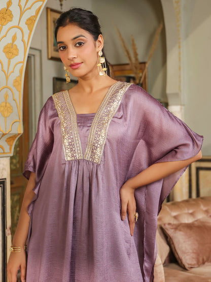Janasya Lavender Silk Blend Yoke Embroidery Co-Ords