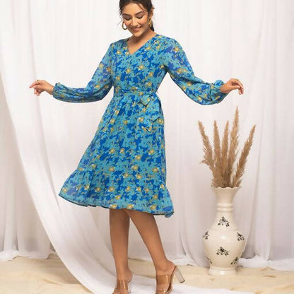 FIORRA Women's Navy Blue Georgette Floral Printed Western Dress