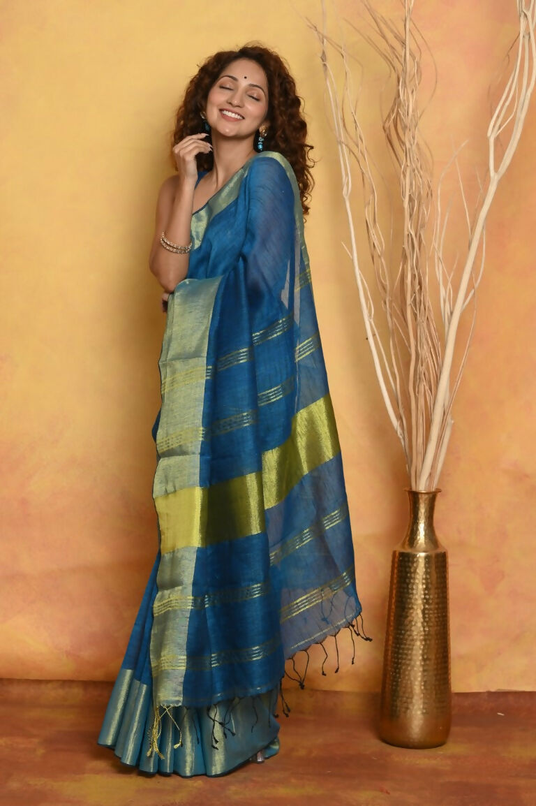 Very Much Indian Handloom Pure Cotton Linen Saree With Golden Border - Serene Blue