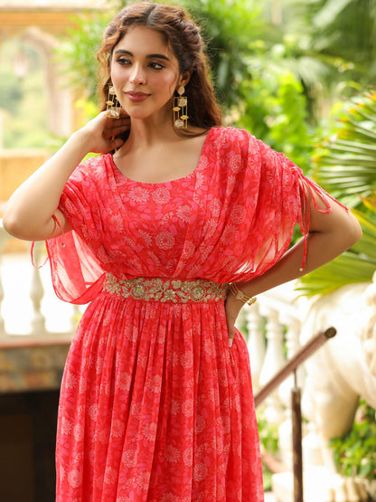 Janasya Pink Georgette Floral Gown