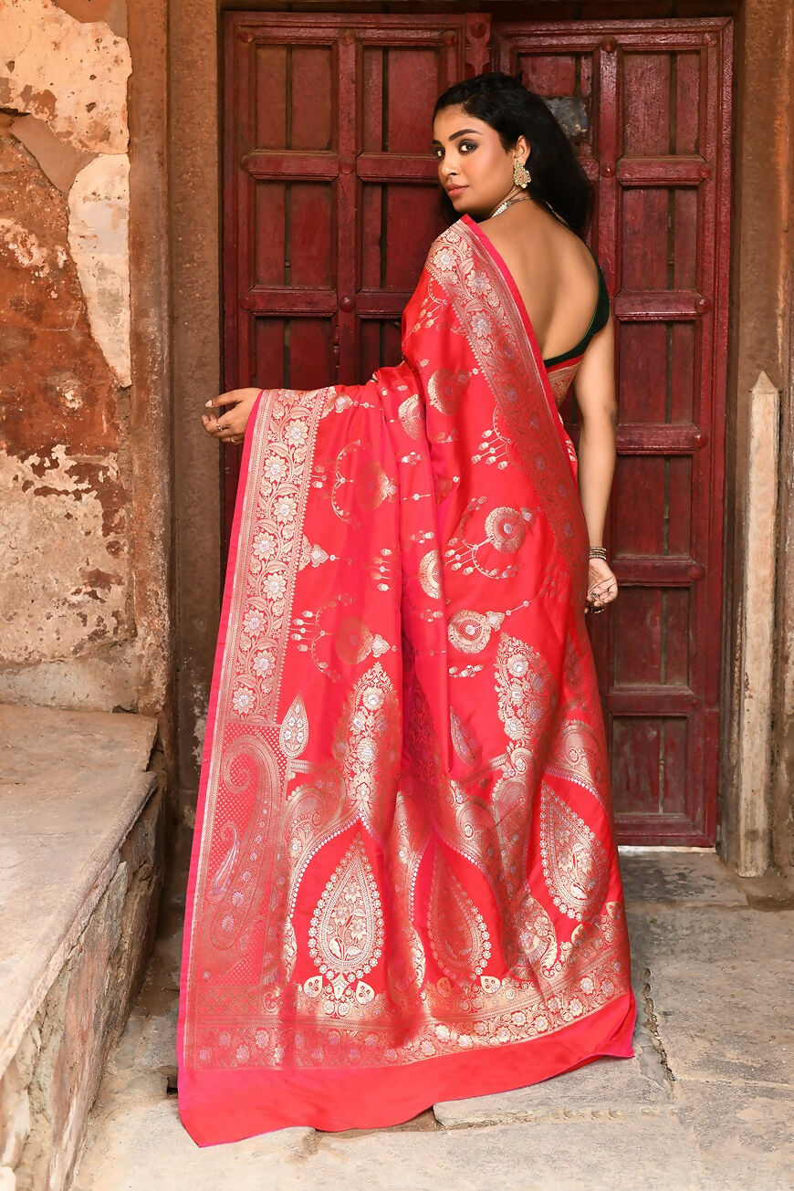 Joban Fashion Red Soft Pure Handloom Banarasi Silk Saree