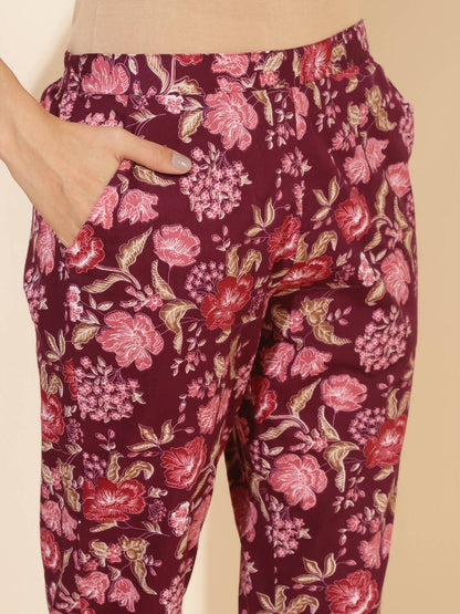 Janasya Women's Purple Cotton Floral Printed Casual Straight Kurta Set