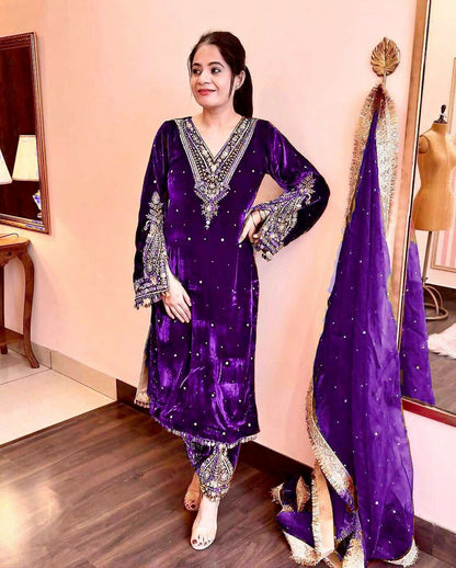 Joban Fashion Royal Purple Velvet Embroidery Kurta Set