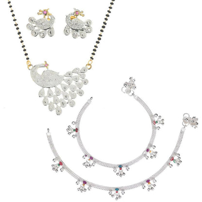 AanyaCentric Gold-Polished Mangalsutra Pendant Earring Set & Silver Plated Anklet