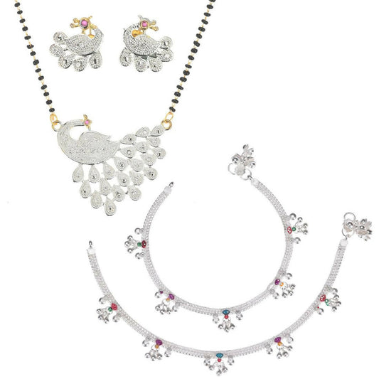 AanyaCentric Gold-Polished Mangalsutra Pendant Earring Set & Silver Plated Anklet