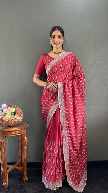 Vastranavya Pink Chinnon Silk Embroidery Multi Sequence & Arco Cut Work Ready to Wear Saree