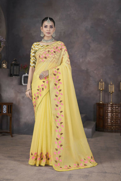 Vastranavya Gold Soft Crush Georgette Thread Embroidery work of Leaf Pattern with Patched Lace Border Saree