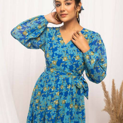 FIORRA Women's Navy Blue Georgette Floral Printed Western Dress