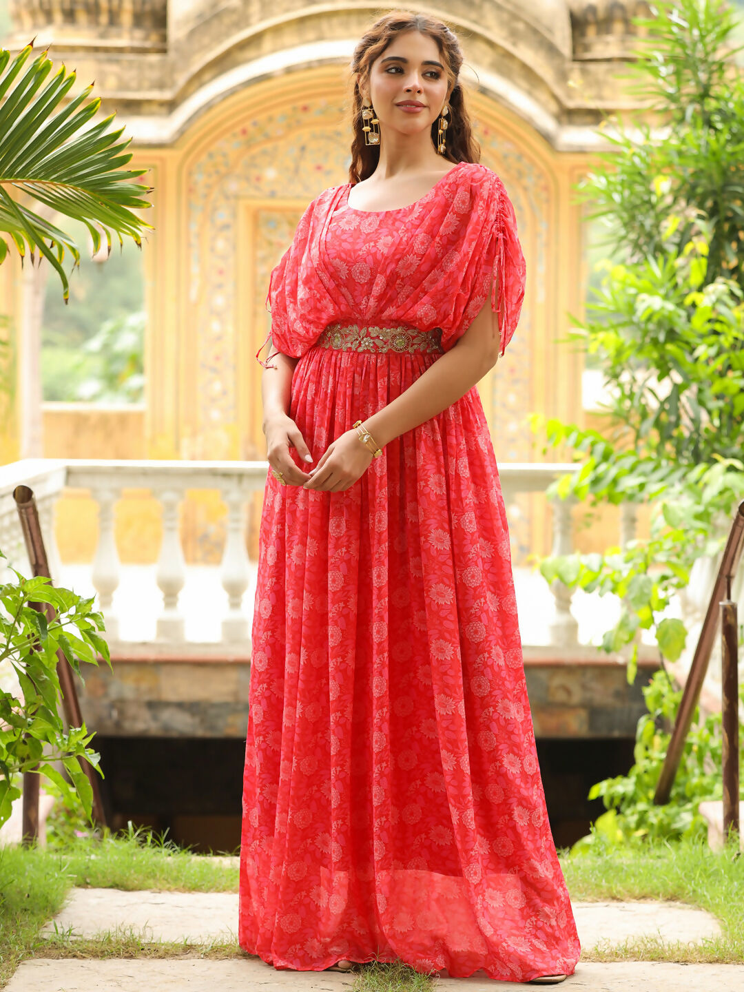 Janasya Pink Georgette Floral Gown