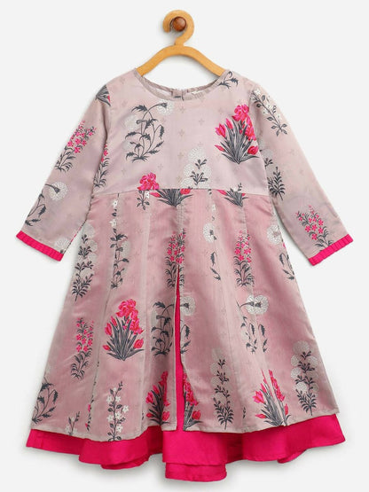 Ahalyaa Grey Chanderi Silk Pigment Print Kids Front Slit Kurta For Girls