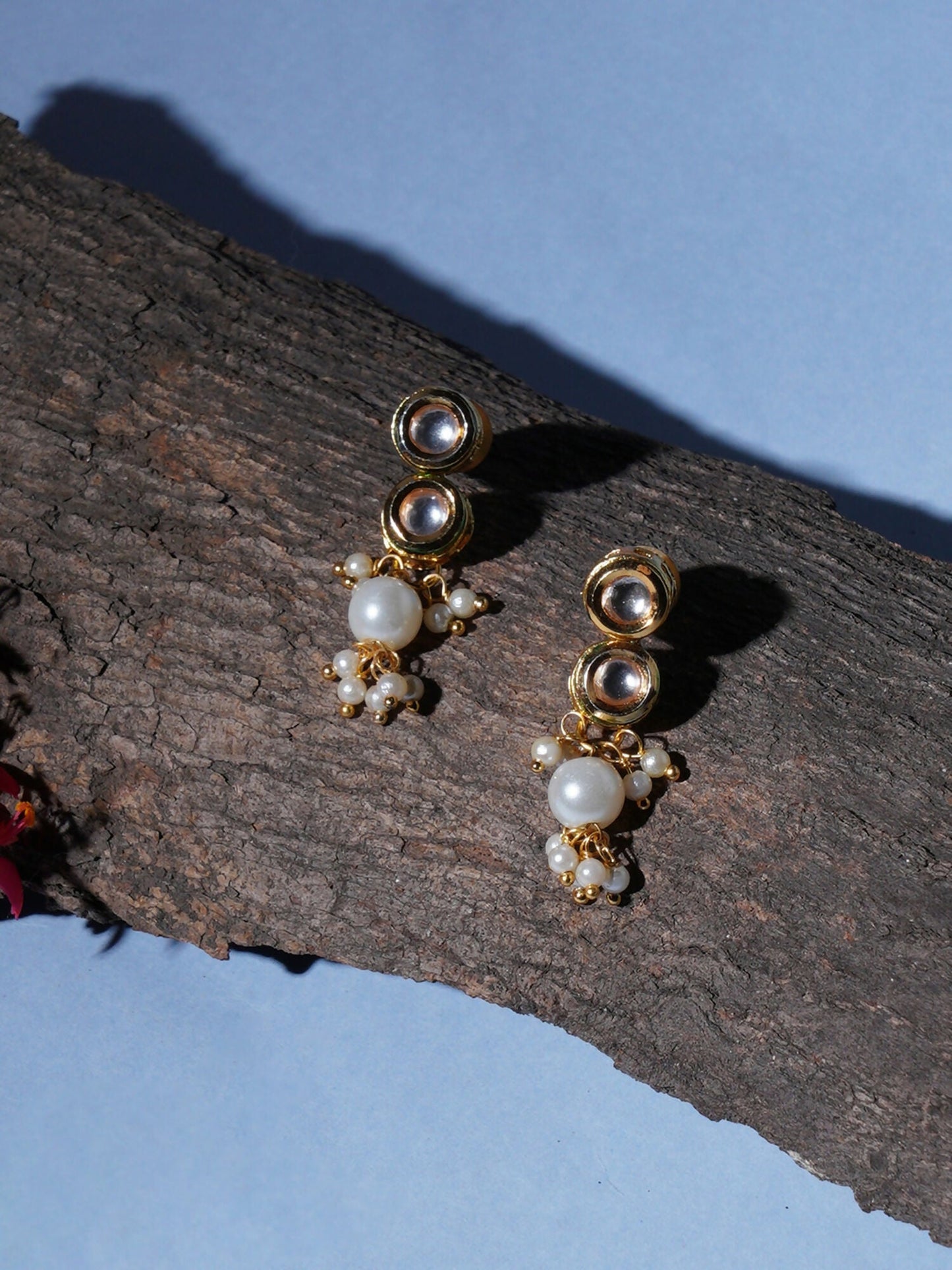 Kundan Earrings with Pearl Drops (Gold) - Ruby Raang