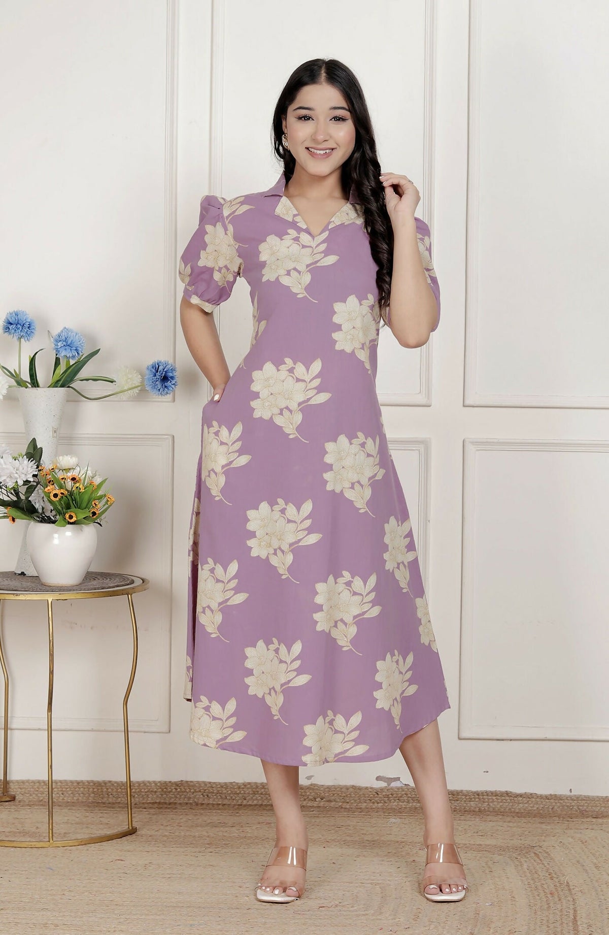 Miravan Womens Lavender Floral Printed A-Line Maxi Dress