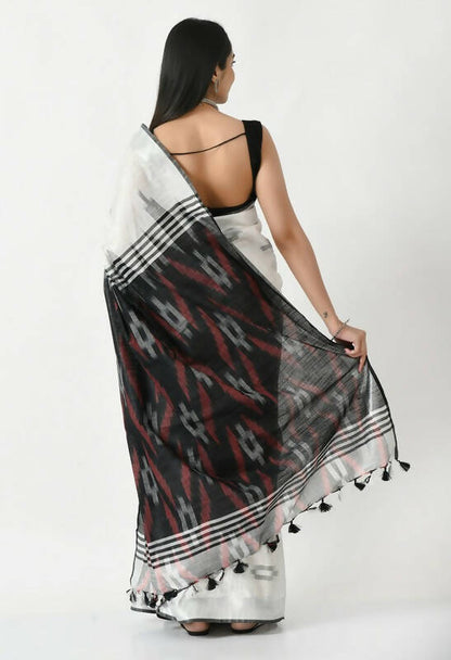 Mominos Fashion Moeza White & Black Bhagalpuri Handloom Ikat Pure Cotton Saree with unstitched Blouse piece
