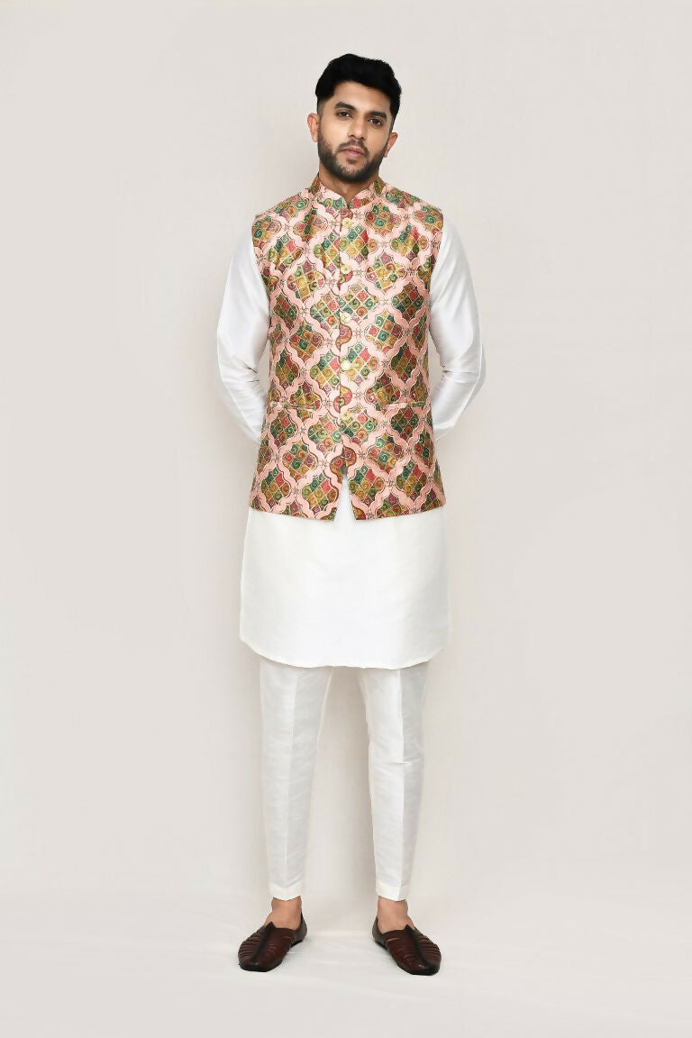Joban Fashion White Colored Art Silk Fabric Kurta, Jacket With Straight Fit Pant