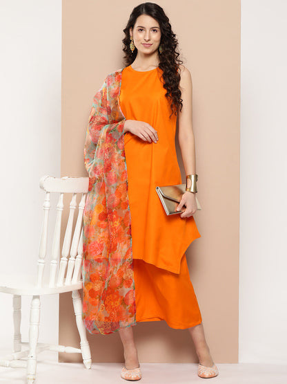 InWeave Women's Tangy Orange Short Pallazo Set W Green Or Dupatta