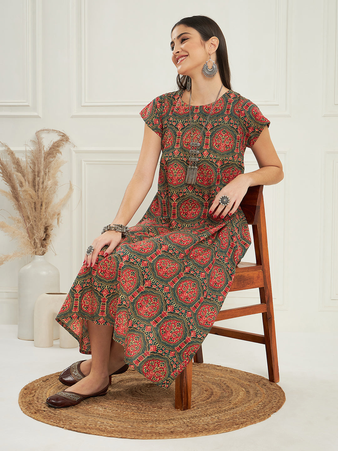 InWeave Women's Green Red Mughal Kalamkari A Line Dress
