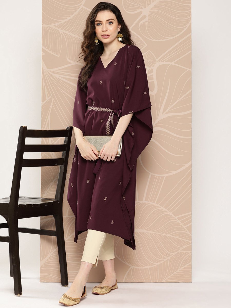 Ahalyaa Women Floral Printed Flared Sleeves Belted Detail Crepe Kaftan Kurta