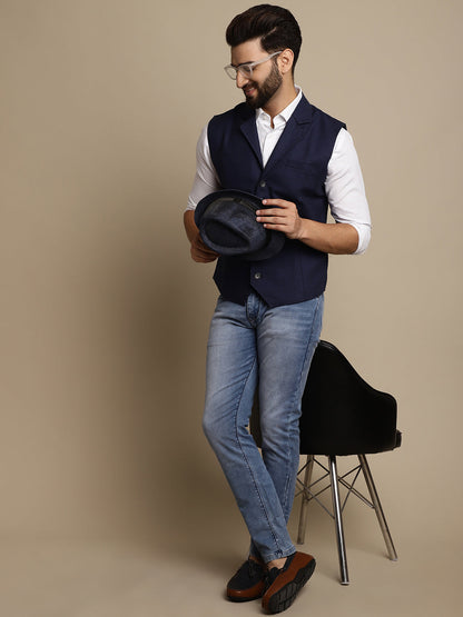 Even Apparels Men's Blue Waistcoat with Notched Lapel