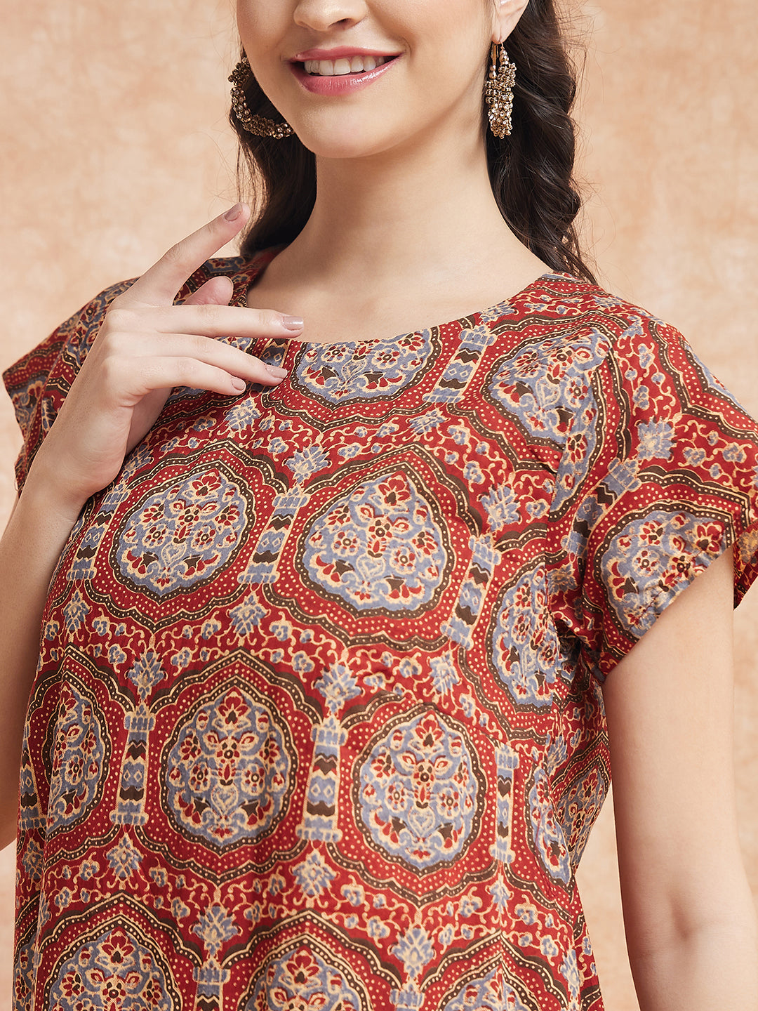 InWeave Women's Maroon Mughal Kalamkari A Line Dress