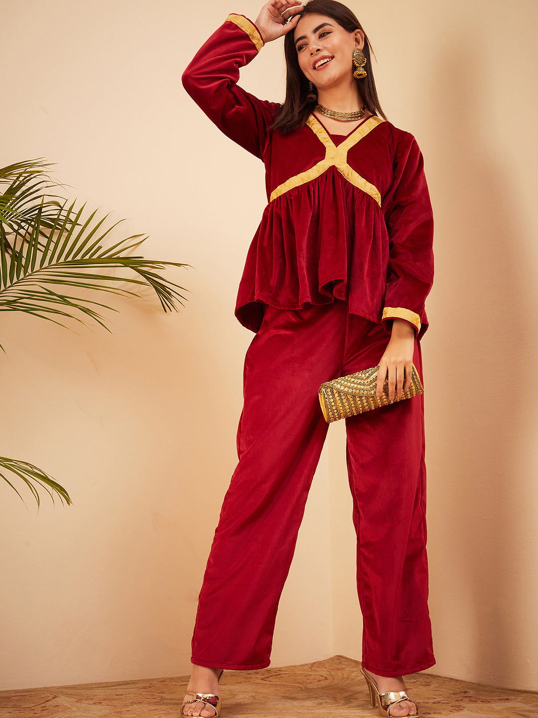 InWeave Women's Barn Red Mughal Shaan Style Velvet Short Kurta Set