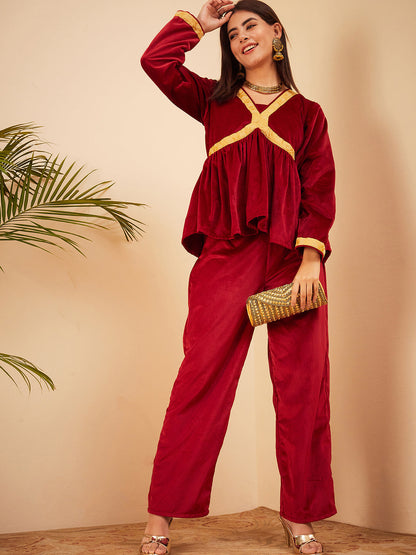 InWeave Women's Barn Red Mughal Shaan Style Velvet Short Kurta Set