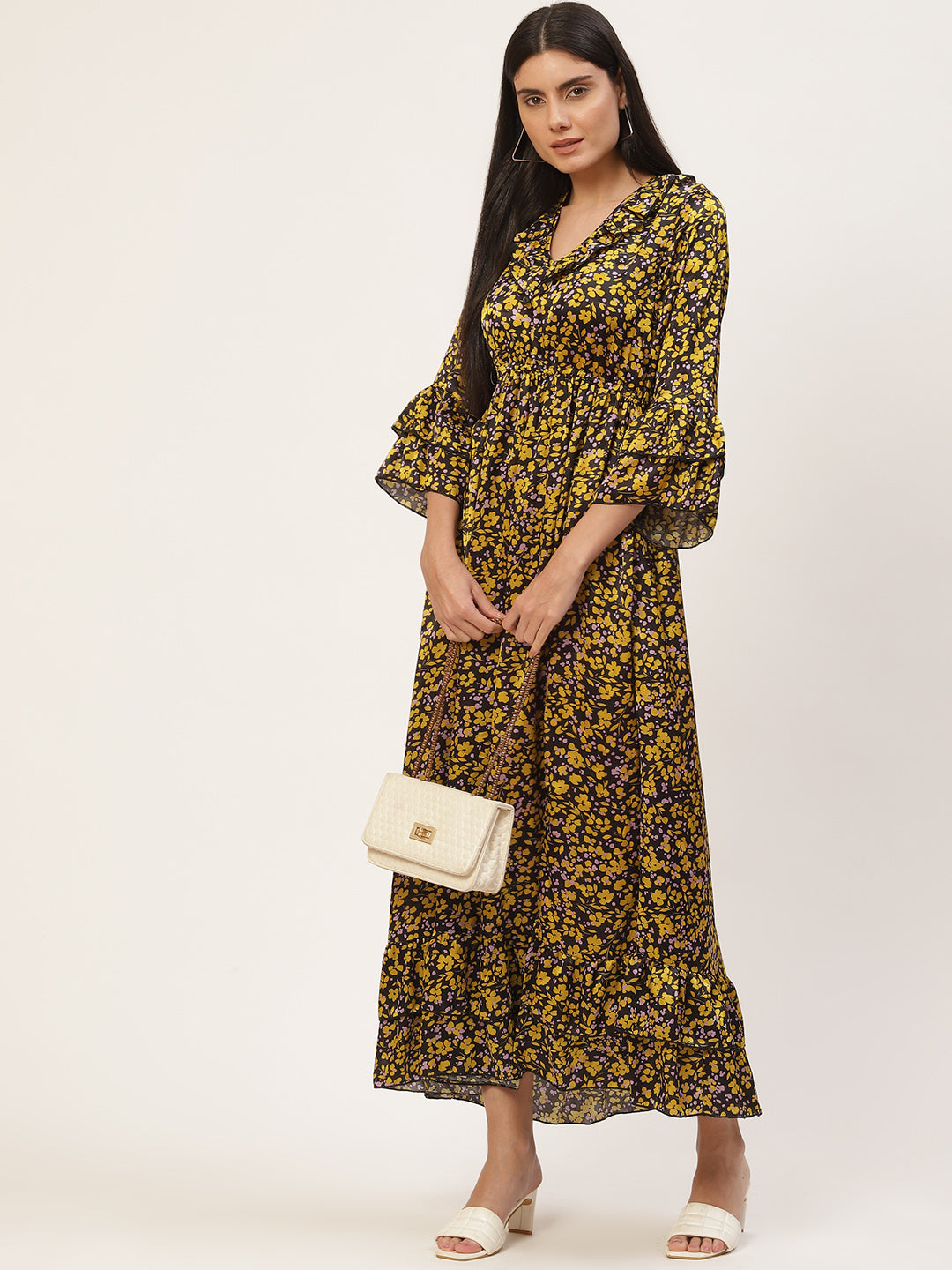 InWeave Women's Mustard Print Ruffled Dress
