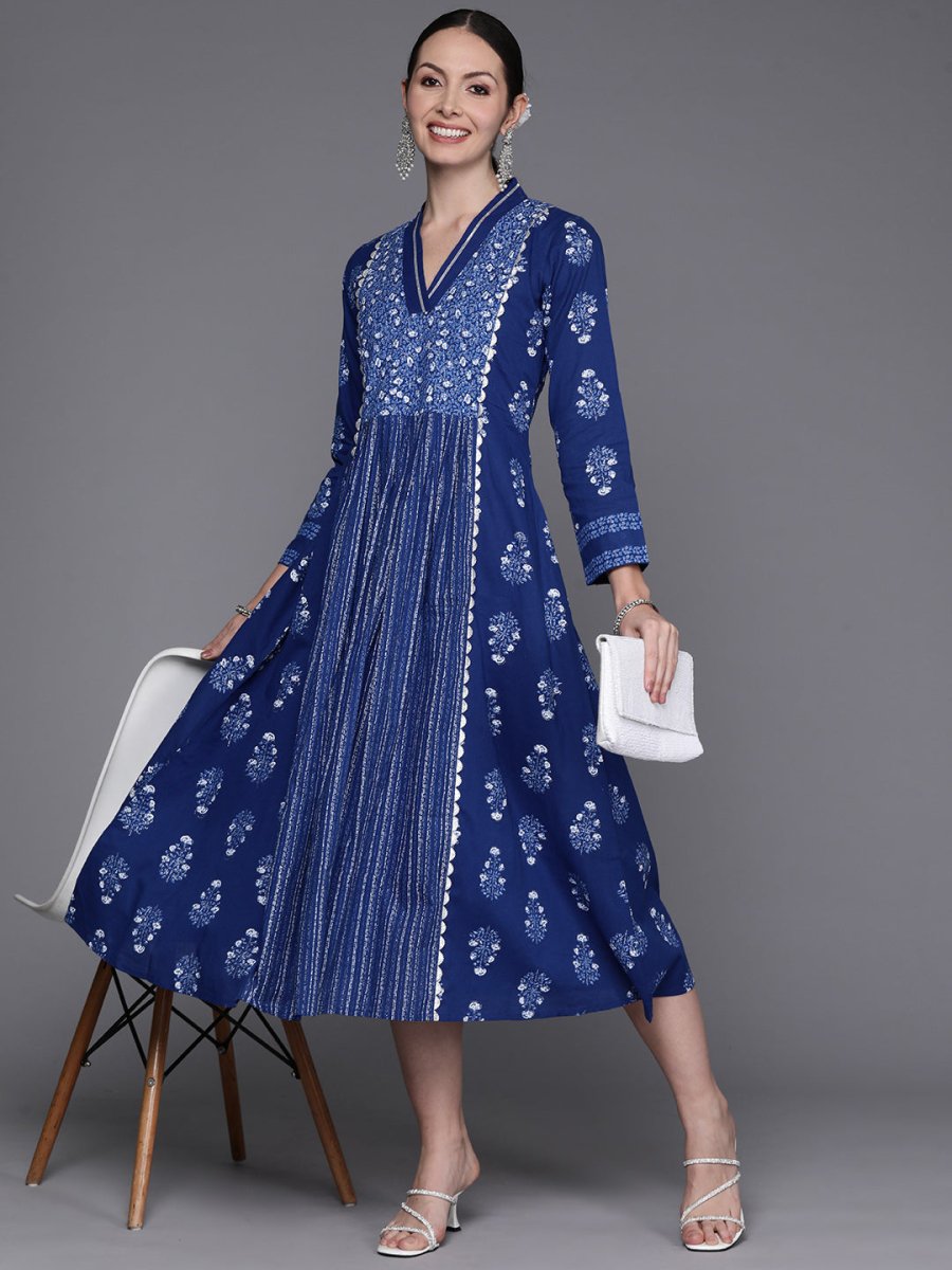 Ahalyaa Floral Print Midi Pure Cotton Ethnic Dress with Lace Inserts Detail