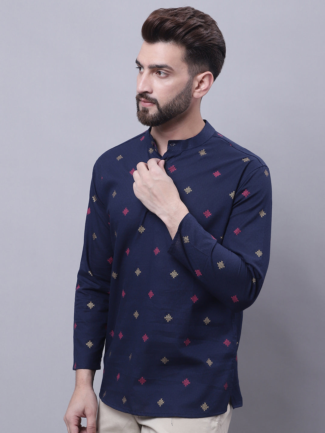 Even Apparels Blue Pure Cotton Short Kurta With Band Collar