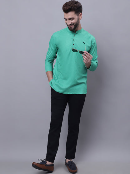 Even Apparels Green Pure Cotton Short Kurta With Band Collar