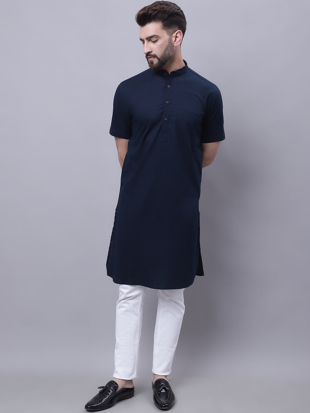 Even Apparels Blue Pure Cotton Short Sleeves Kurta With Band Collar