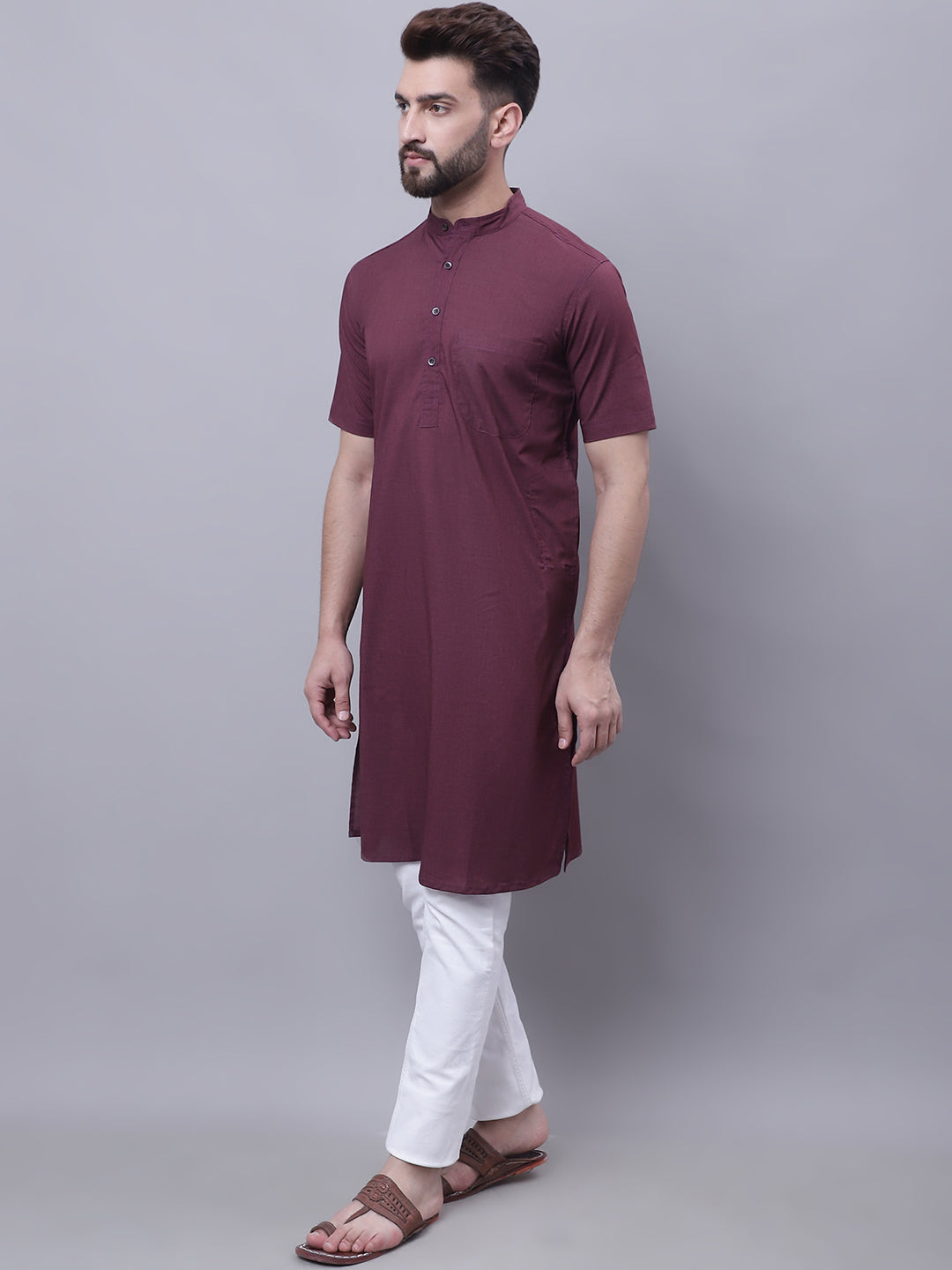 Even Apparels Wine Pure Cotton Short Sleeves Kurta With Band Collar