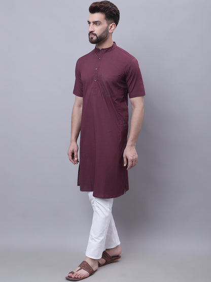 Even Apparels Wine Pure Cotton Short Sleeves Kurta With Band Collar