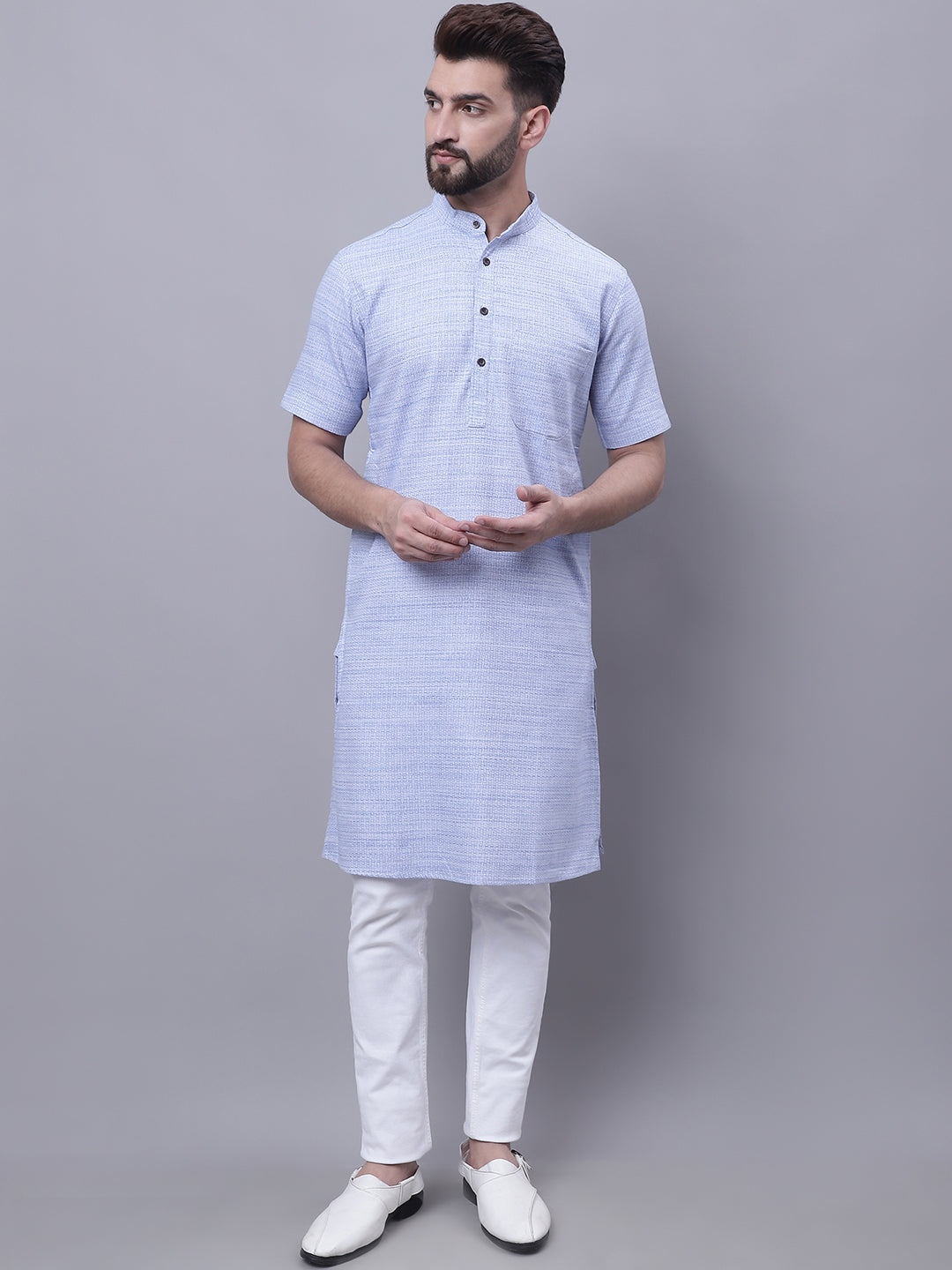 Even Apparels Blue Pure Cotton Short Sleeves Kurta With Band Collar