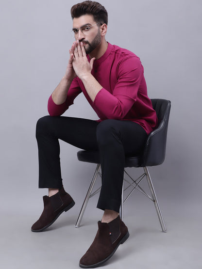 Even Apparels Wine Pure Cotton Short Kurta With Band Collar