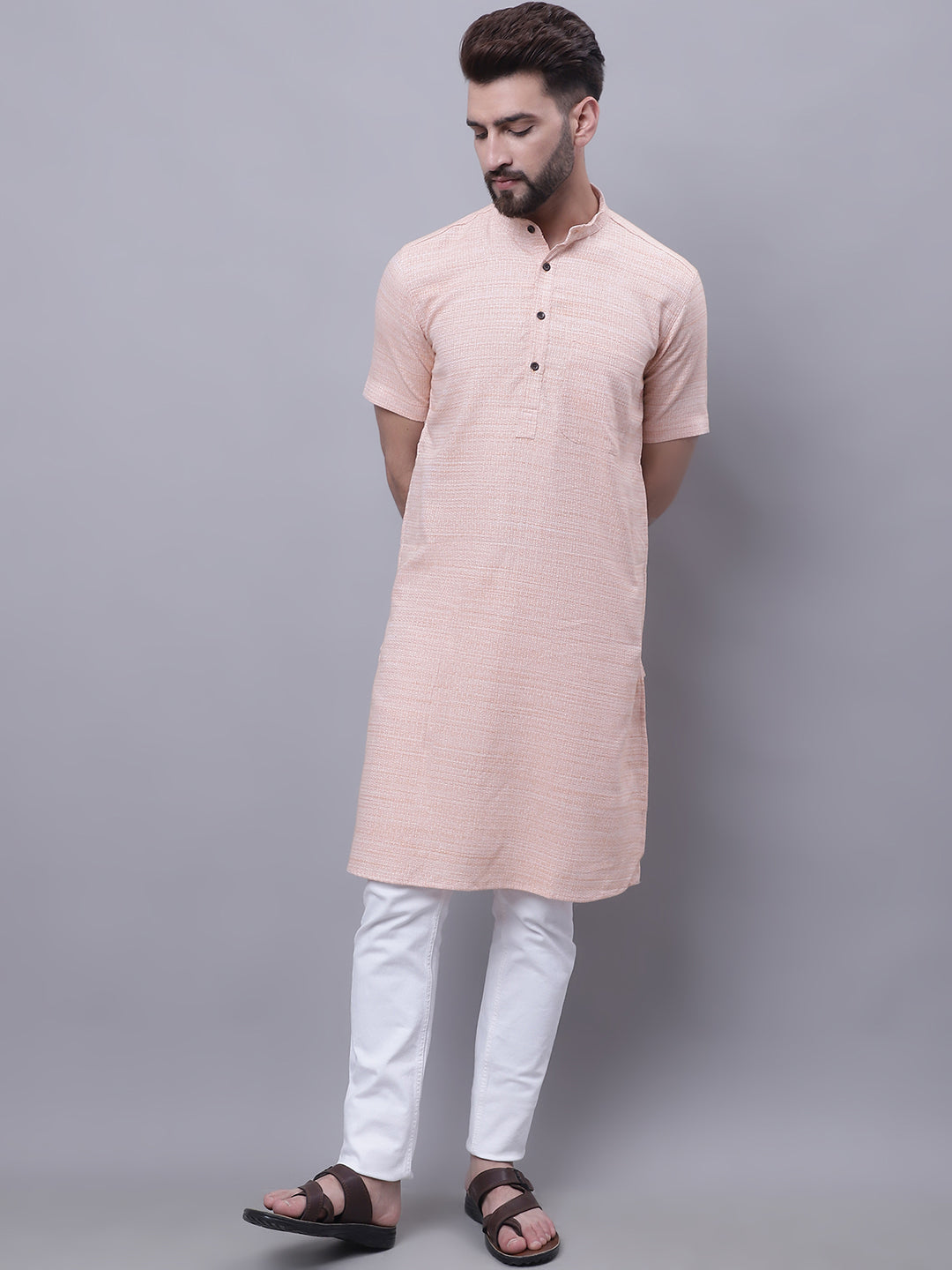 Even Apparels Peach Pure Cotton Short Sleeves Kurta With Band Collar