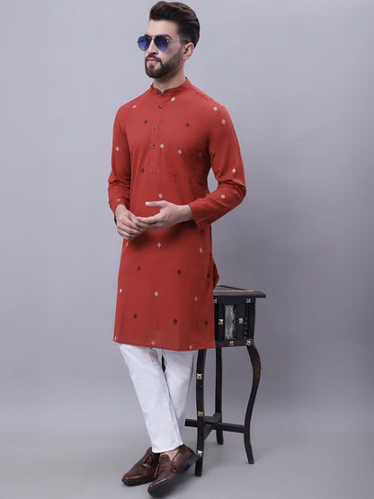 Even Apparels Rust Pure Cotton Kurta With Band Collar
