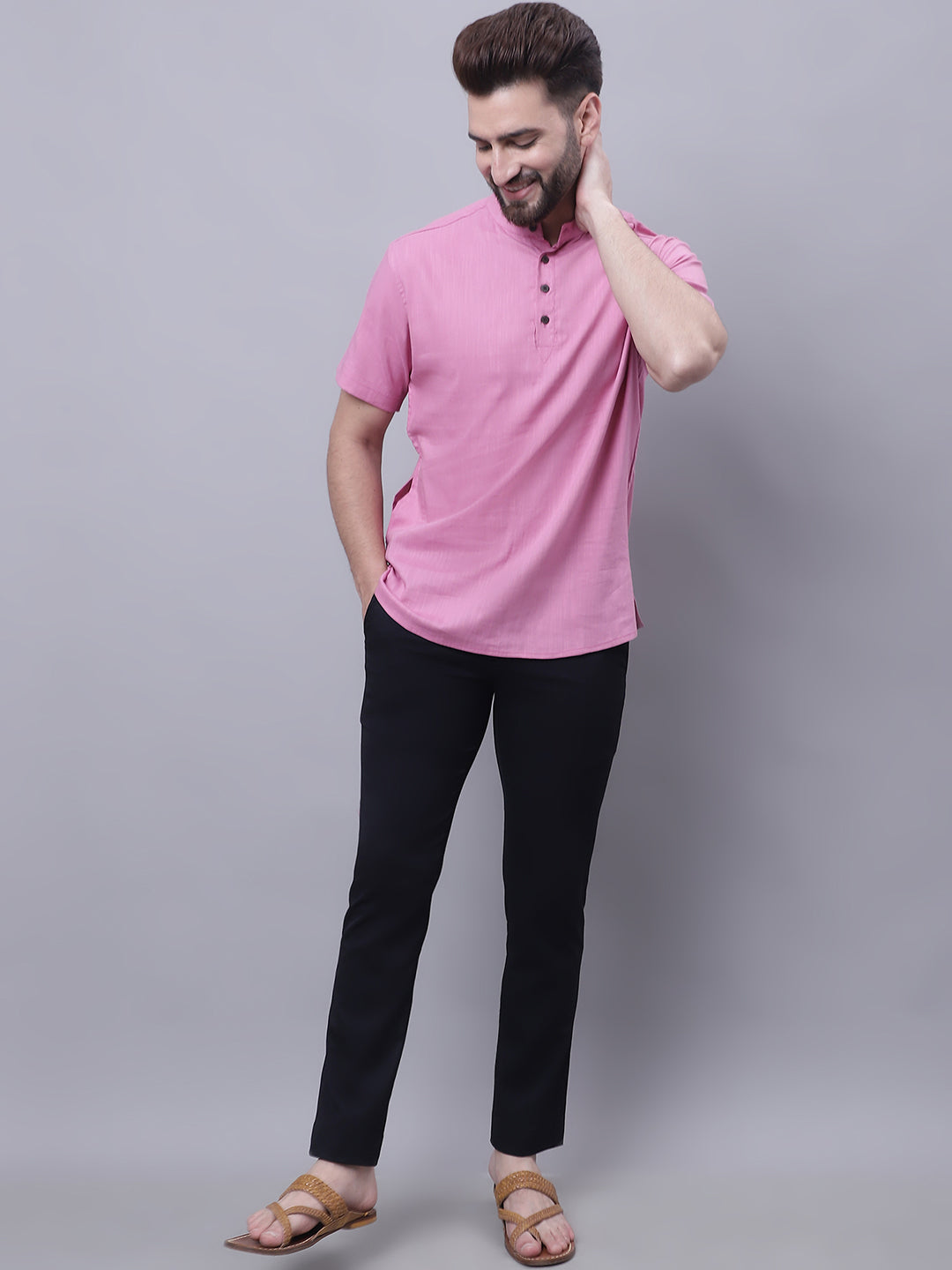Even Apparels Pink Pure Cotton Short Kurta With Band Collar