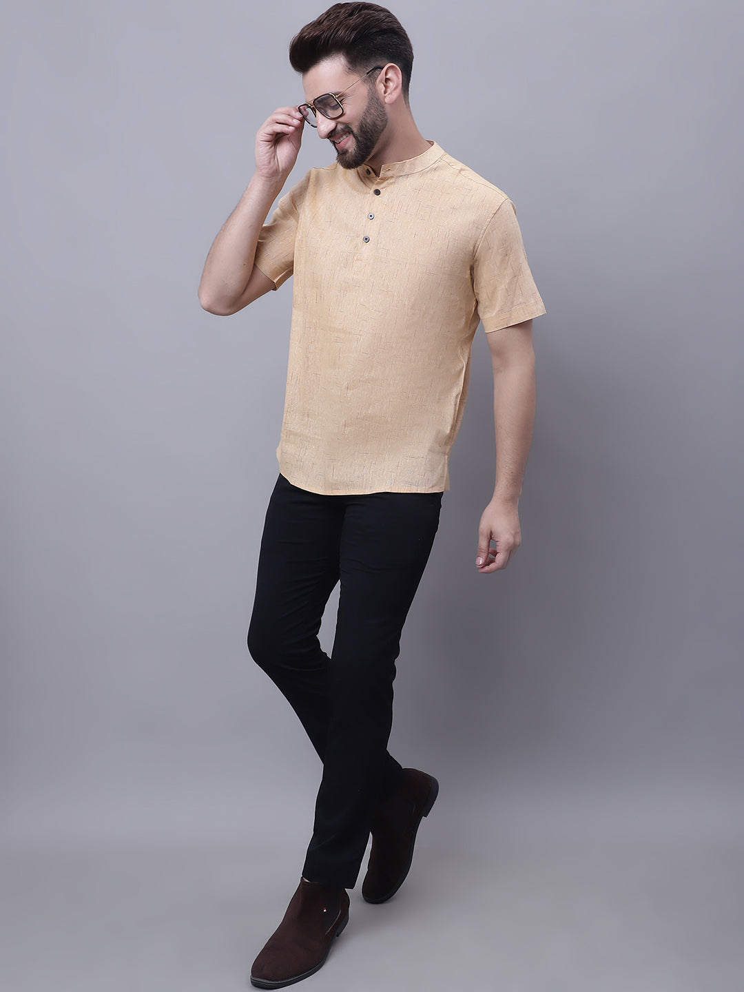 Even Apparels Beige Pure Cotton Short Kurta With Band Collar