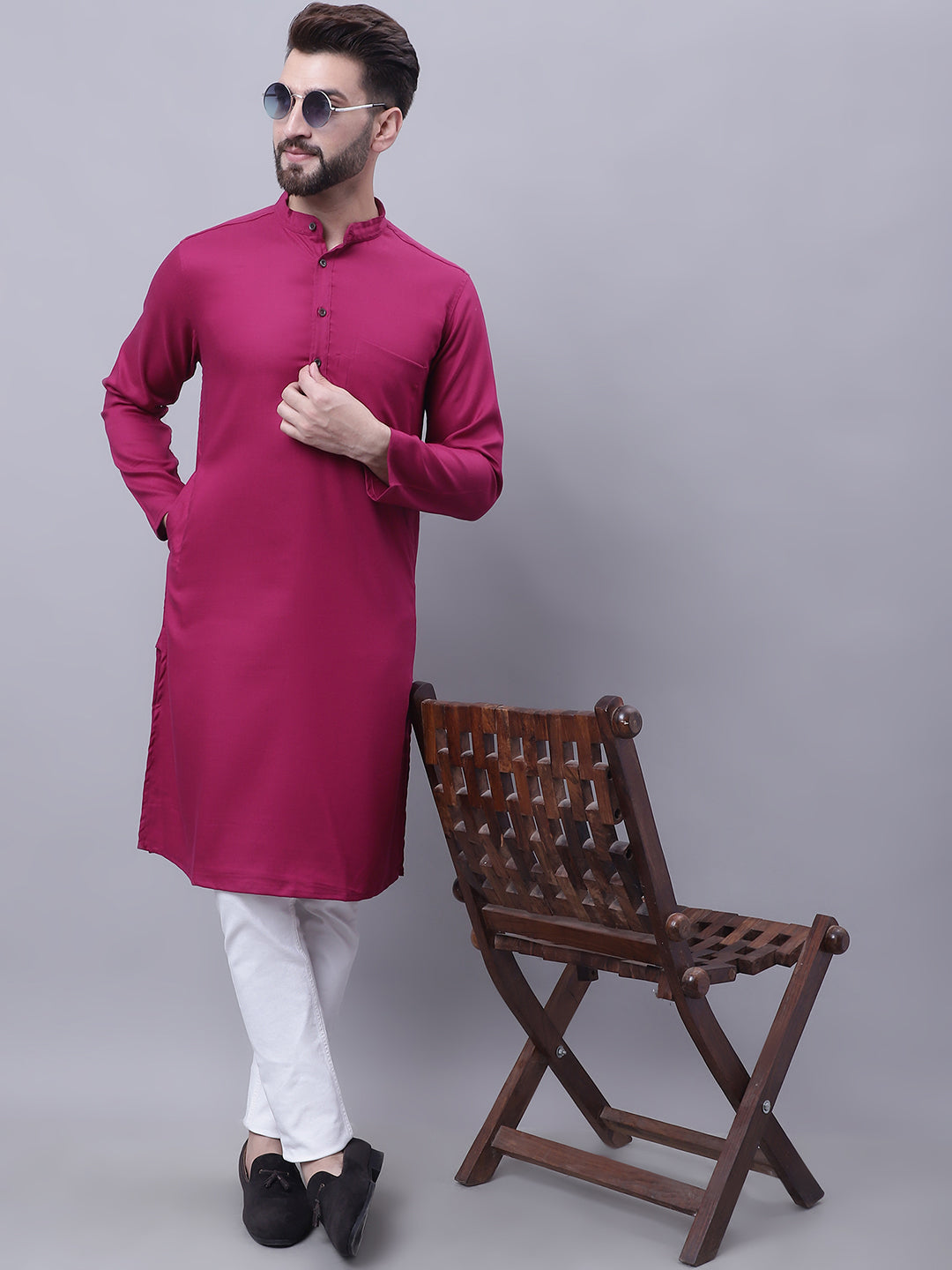 Even Apparels Wine Pure Cotton Kurta With Band Collar