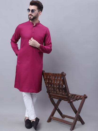 Even Apparels Wine Pure Cotton Kurta With Band Collar