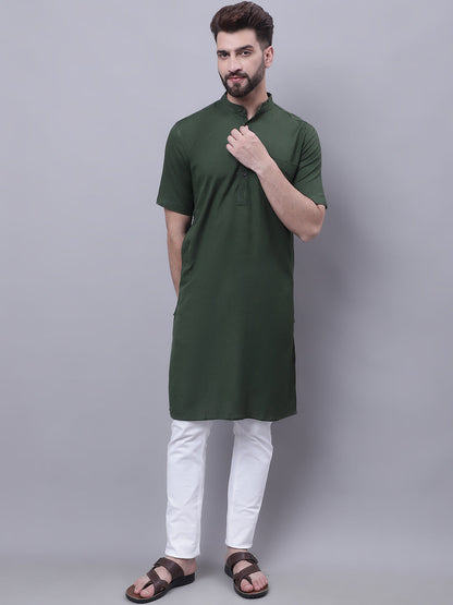 Even Apparels Green Pure Cotton Short Sleeves Kurta With Band Collar