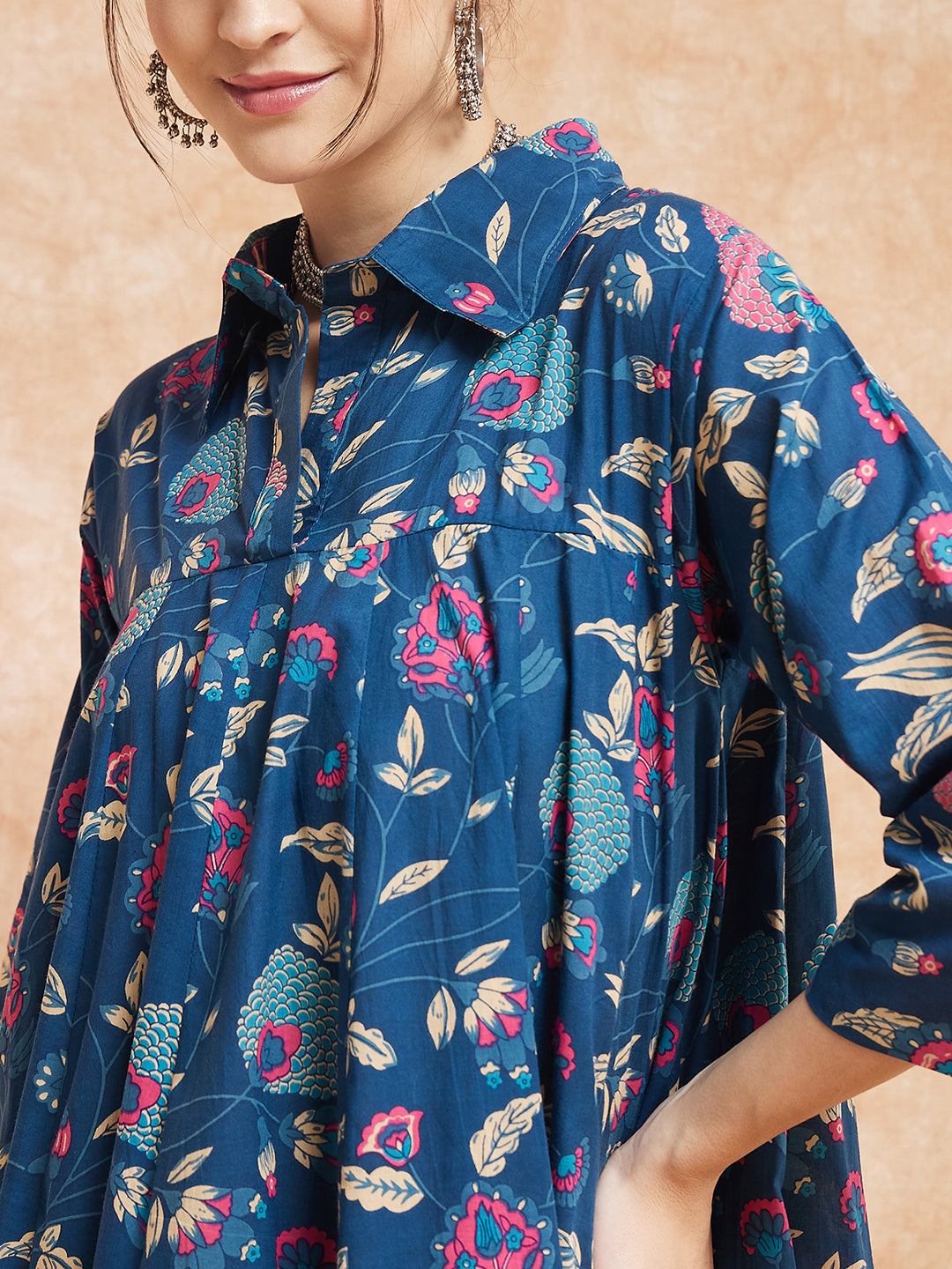 InWeave Women's Blue Pink Kalamkari Flared Dress