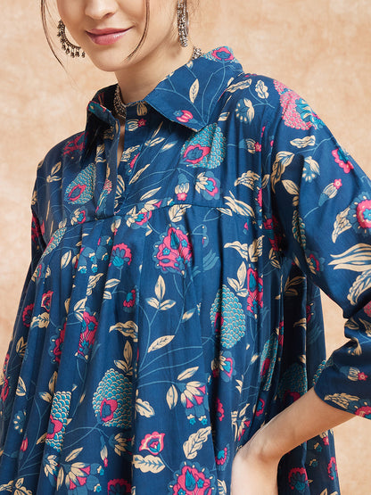 InWeave Women's Blue Pink Kalamkari Flared Dress