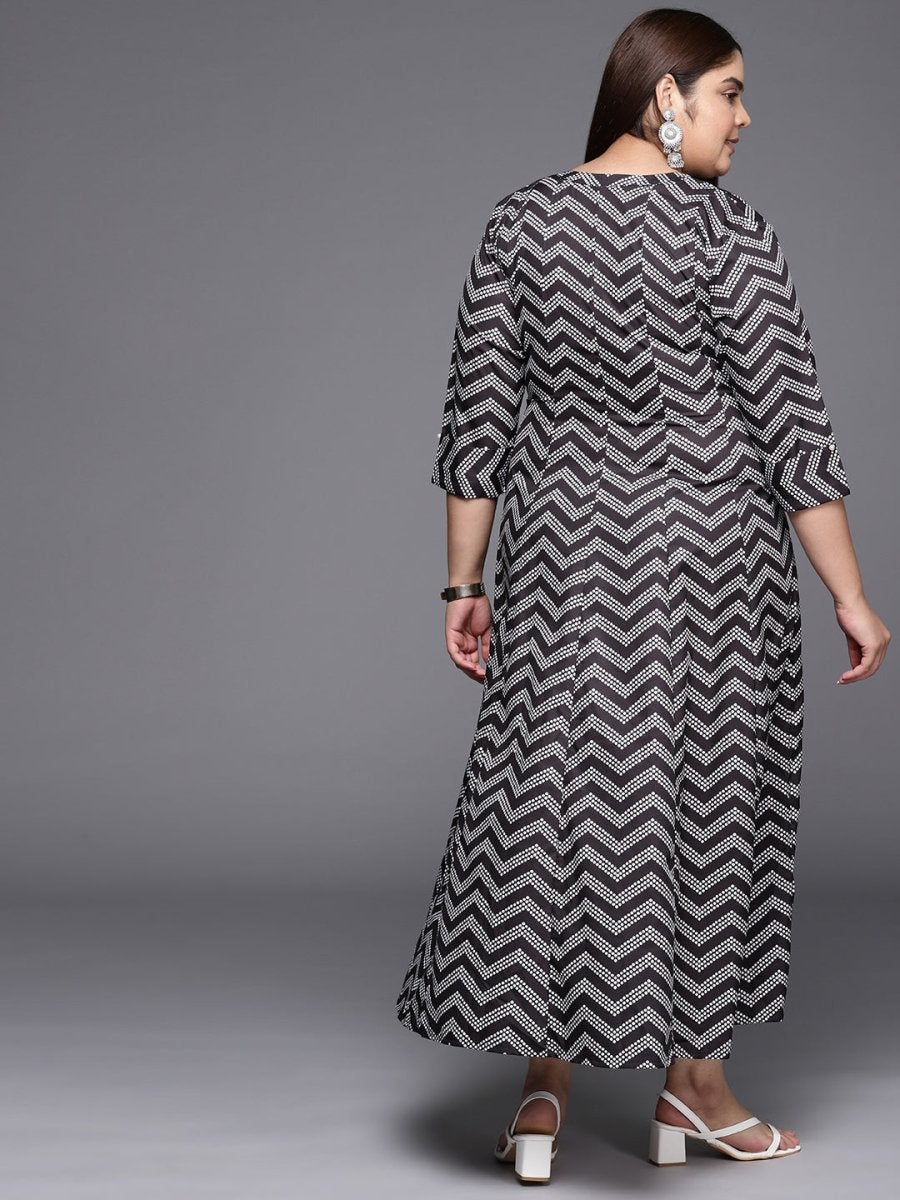 Ahalyaa Plus Size Chevron Print Crepe Mandarin Collar A-line Midi Ethnic Dress