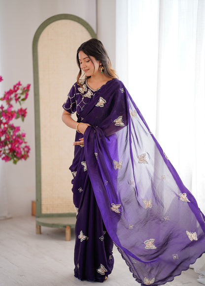 Evanik Purple Mos Silk With Handwork Butterfly Design Saree With Unstitched Blouse