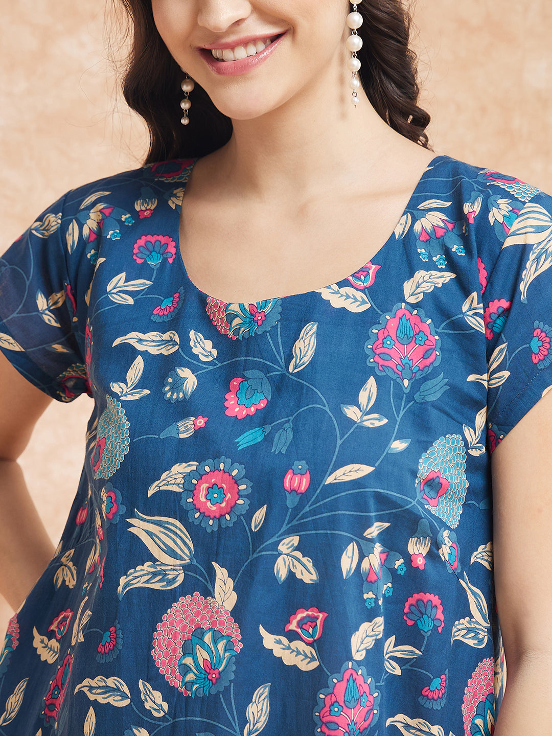 InWeave Women's Blue Pink Kalamkari A Line Dress