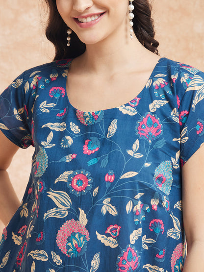 InWeave Women's Blue Pink Kalamkari A Line Dress